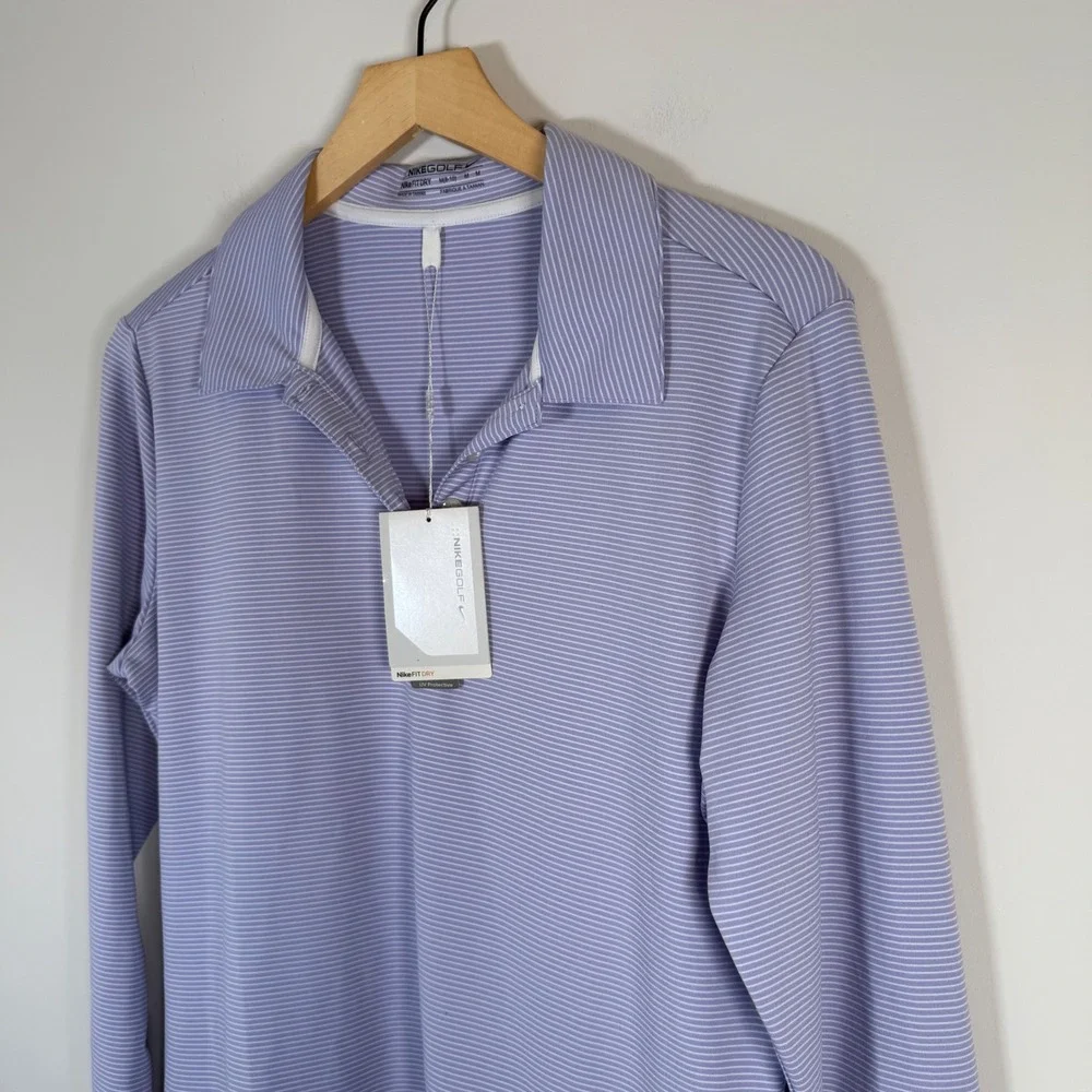 NEW Nike Golf Nike Fit Dry Long Sleeve Polo‎ Shirt Medium Purple Striped UV NWT